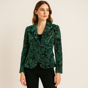 Talbots Paisley Floral Velvet Stretch Blazer Jacket Size 10 Green Blue Teal